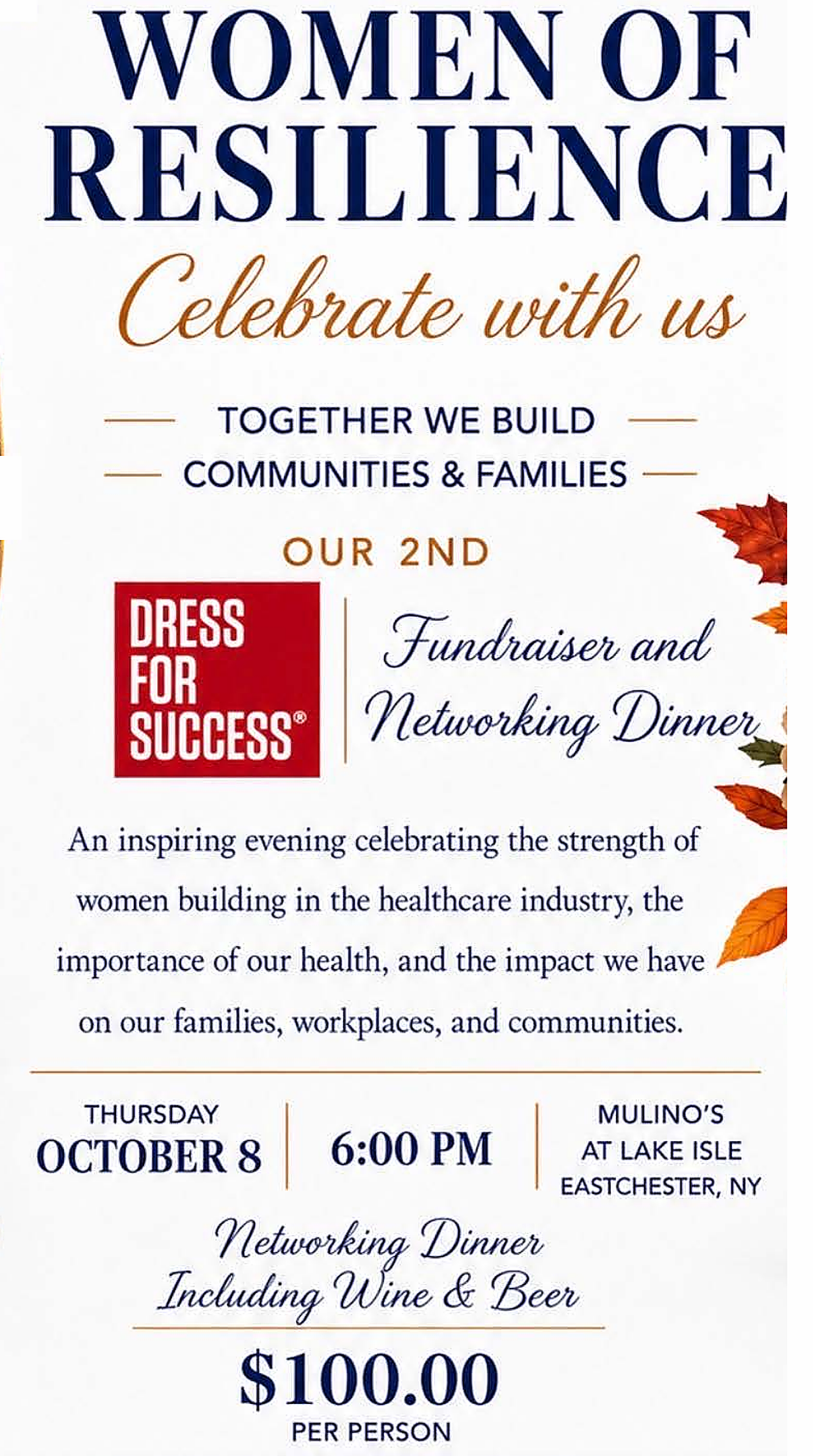 Women of Resilience Fundraiser and Networking Dinner - Thursday October 8, 6:00 PM, Mulino's at Lake Isle, Eastchester NY
